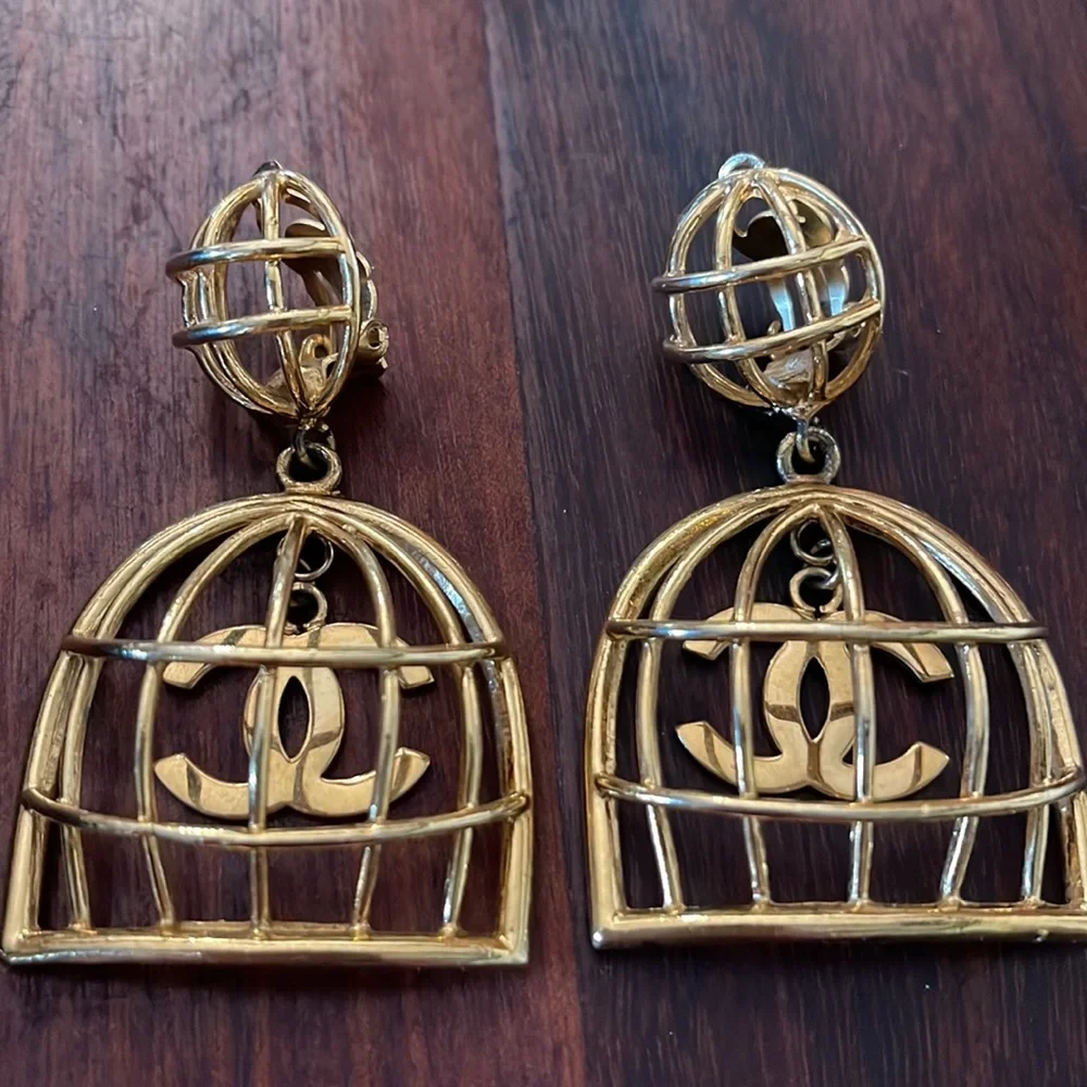 Chanel Large Birdcage 1990’s Gold Earrings with Box CC Vintage Iconic